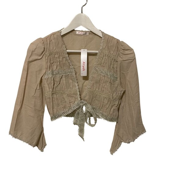 NWT Aryeh Beige Tie-Front Lace Trim Bell Sleeve Cotton Cardigan Jacket L #E-7-5- - Picture 1 of 7